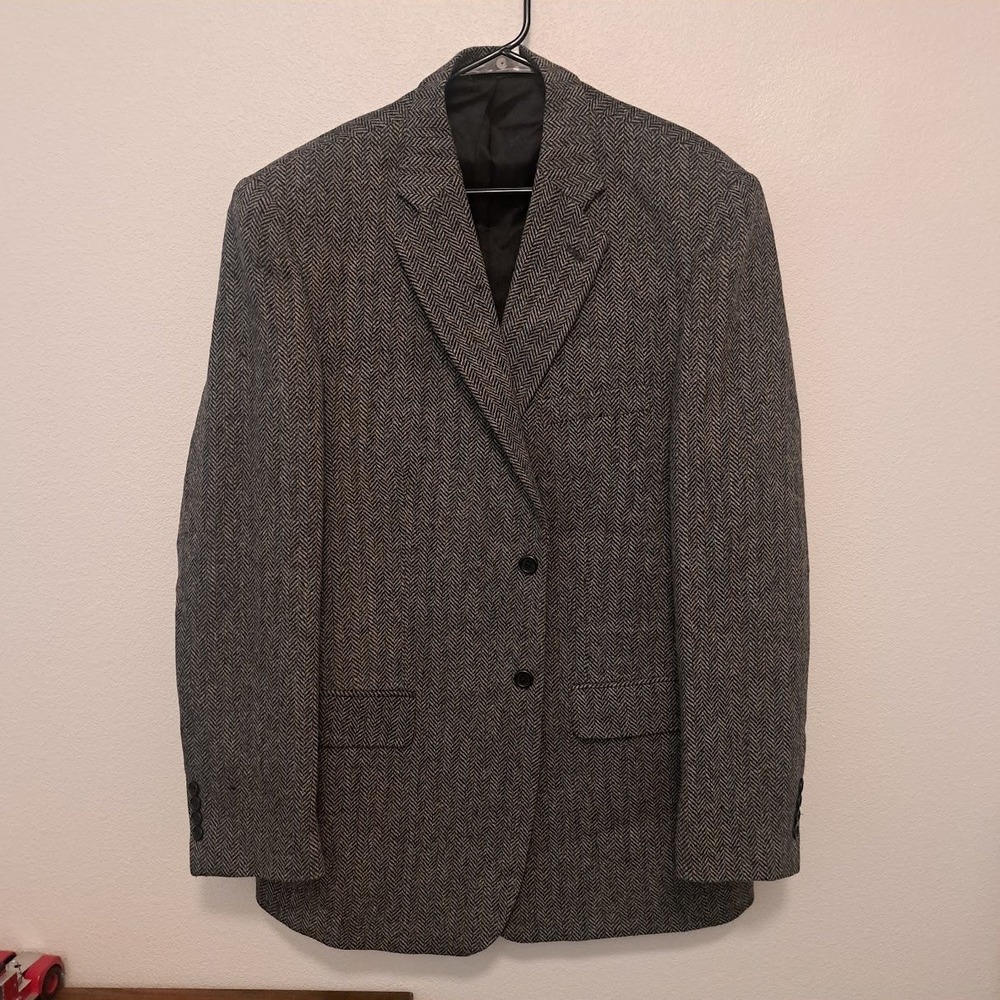 Stafford Mens 44L Pure Wool Herringbone Blazer Grey Black Sport Coat 4218-4